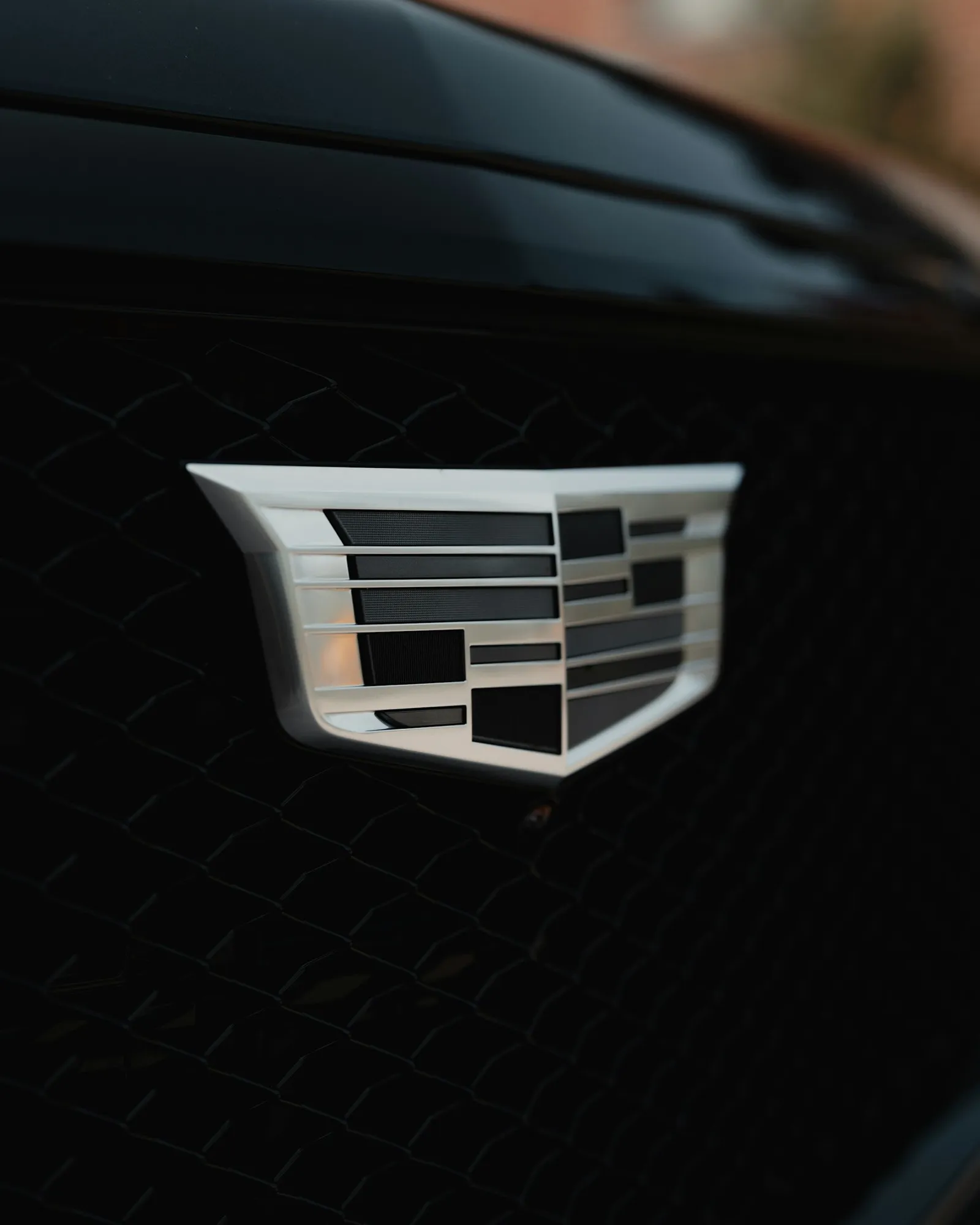 Close-up of the Cadillac crest on a black grille